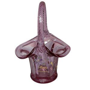 Fenton Glass Signed M. Lemon Happy Anniversary Basket Hand Painted Pink Rose